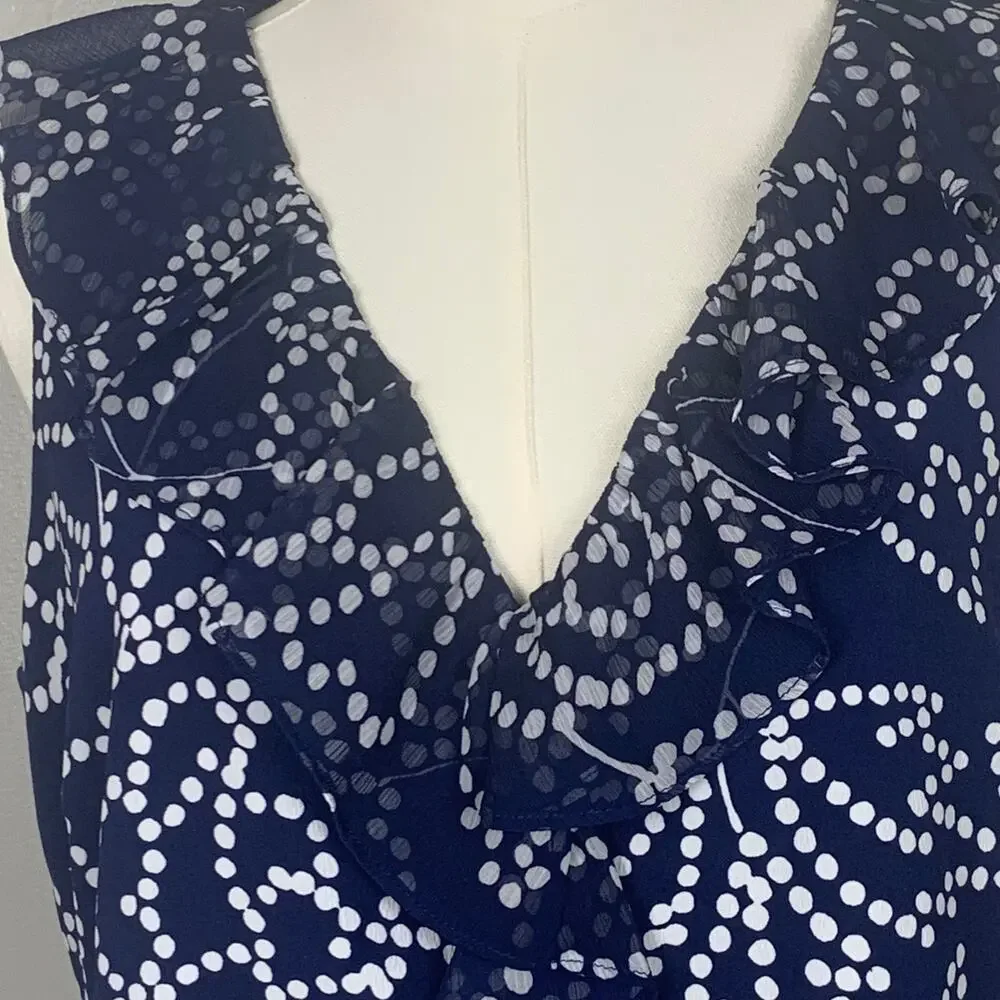 Karl Lagerfeld Navy Blue with White Dots Ruffled Dress Medium - Picture 3 of 8